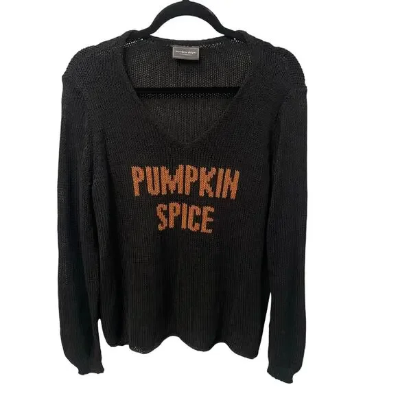 Wooden Ships V Neck Pumpkin Spice Print Black Knit Sweater Womens Small / Medium - Picture 1 of 5
